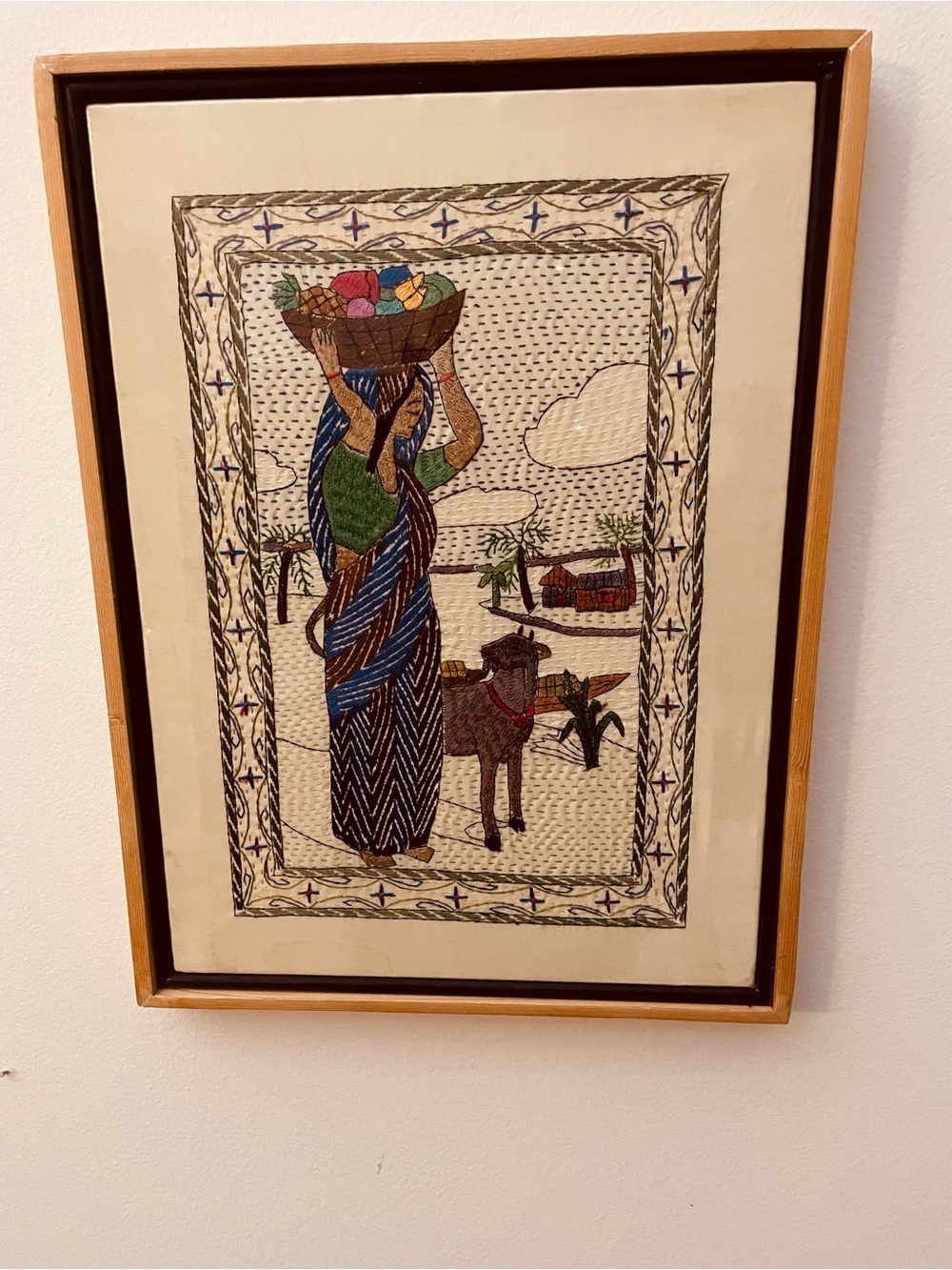 Bangladesh-Aarong-Hand embroidery-framed-village women w fruit basket & goat